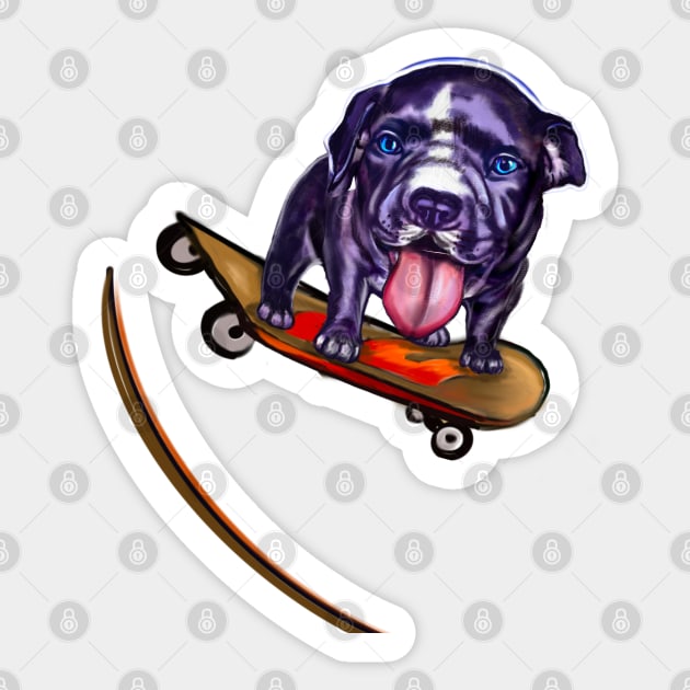 pit bull dog puppy with tongue out skateboarding off a ramp wearing a red beanie hat with Pom pom - cute funny blue line pittie with piercing blue eyes Sticker by Artonmytee